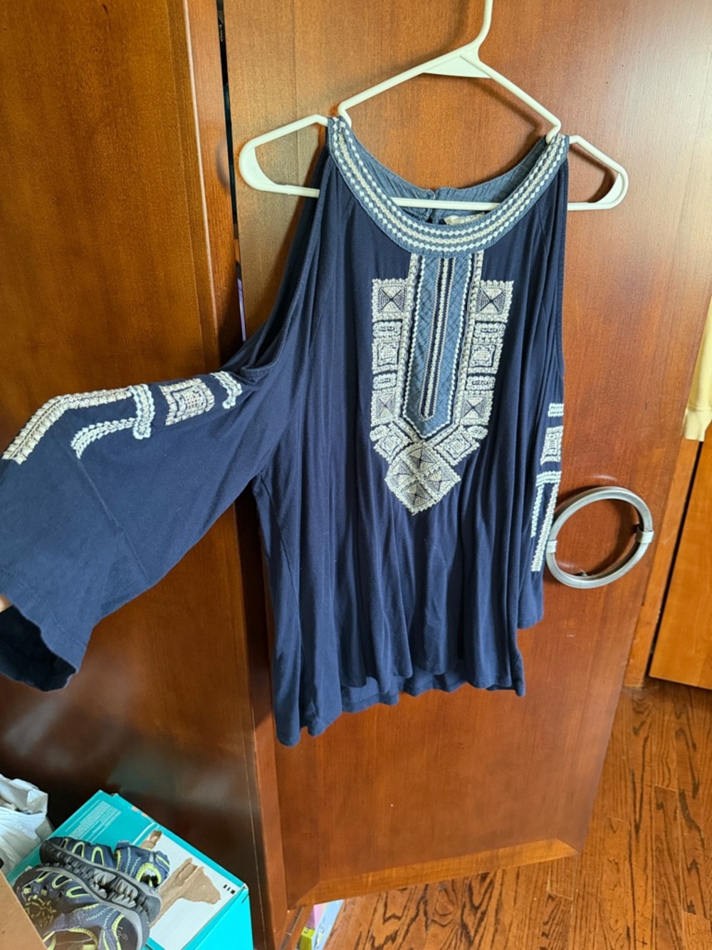 Style & Co. Navy Cold-Shoulder Embroidered Blouse